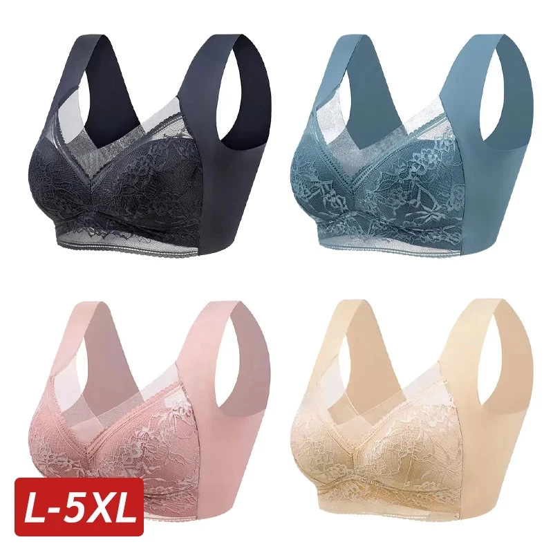 Lace Bralette Seamless Push Up Bra Ice Silk Wireless Plus Size L-5XL 1 Pc - Image 1 of 4