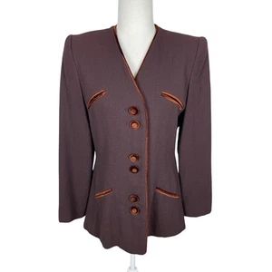Vintage Carolina Herrera Studio Wolle Samt Trim Knopfleiste Blazer braun Gr. 8 - Bild 1 von 16