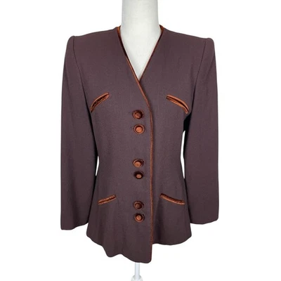 Blazer Vintage Carolina Herrera Studio Lana Terciopelo Borde Botón Delantero Marrón Talla 8 Foto 1 de 4