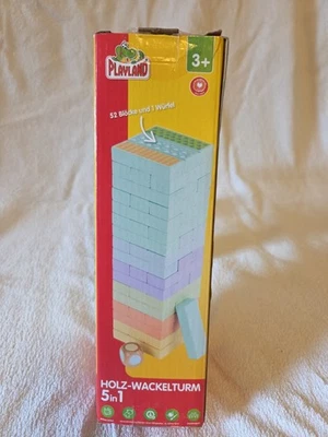 Holz Wackelturm 5in1 Bunt Playland Holz Spiel 52 Blöcke, Würfel, Geschenk 3+ - Bild 1 von 4