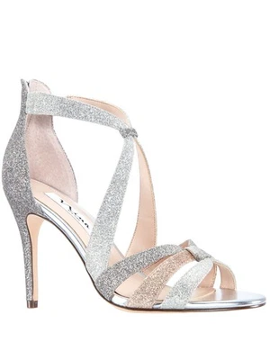 Sandalias de cuero de aguja NINA para mujer plateadas Casey punta redonda zapatos 10 M Foto 1 de 4