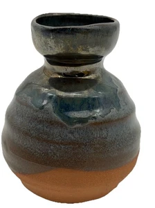 VTG Small Thrown Half Glazed Pottery Vase Beautiful Blue Earthy Toned Stamped - Picture 1 of 11