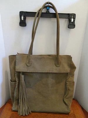 HOBO International Lure Suede Tote Bag Purse Moss Green Whipstitch Fringe Tassel - Image 1 of 4