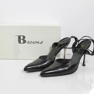 STUNNING BROWN'S SPAIN BLACK KIDSKIN CHROME HEEL ANKLE STRAP PUMPS SIZE US 9-1/2 - Picture 1 of 7