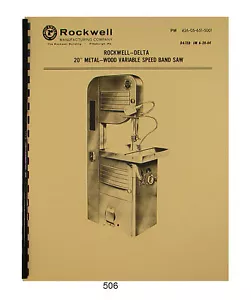 Rockwell-Delta 20 Zoll Bandsäge 28-365, 28-366 variable Geschwindigkeit Betriebs- und Teilehandbuch #506 - Bild 1 von 5