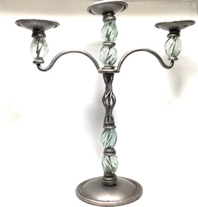 3 Candle Stick Holder Wrought Iron And Green Recycle Glass 16” - Picture 1 of 9