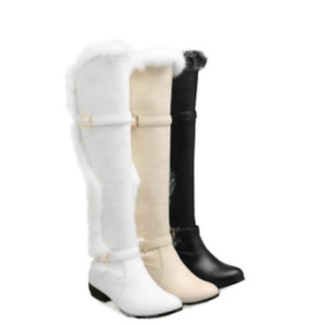Women Winter Warm Fur Over Knee High Boots Casual Pull On Riding Mid Heels Shoes