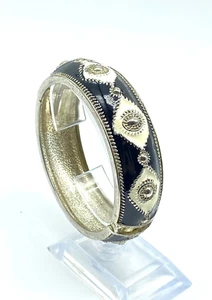 Hinged Cloisonne Enamel Clamper Bangle - Black & White -Etruscan Style -Stacking - Picture 1 of 4