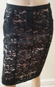 Falda lápiz de noche NINA RICCI negra mezcla de algodón encaje rosa base UK10 NUEVA CON ETIQUETAS - Imagen 1 de 7