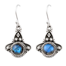 Hand Carved 4.00cts Natural Blue Labradorite Round Silver Dangle Earrings Y32159