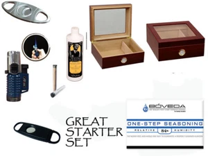 50 ct Cigar Glass top Deep CHERRY Humidor Cutter Lighter Caddy kit Boveda - Picture 1 of 11