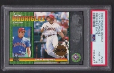 1999 PACIFIC OMEGA PREMIERE DATE PARALLEL #239 IVAN RODRIGUEZ RARE SP #/50 PSA 8 - Image 1 of 2