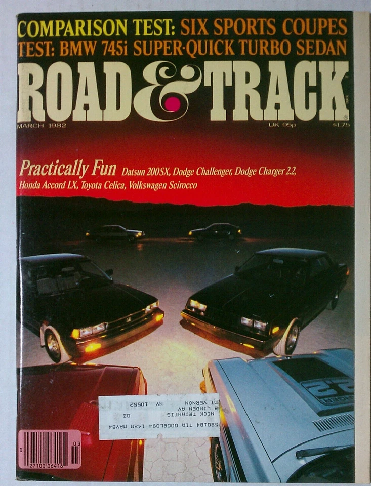 1982 MARCH ROAD & TRACK VINTAGE CAR MAGAZINE 200SX CHALLENGER CHARGER SCIROCCO Foto 1 de 1