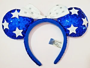 Disney Parks Minnie Mouse Ohren Stirnband blau weiß Pailletten Sterne Schleife patriotisch - Bild 1 von 8