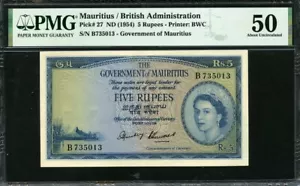 Mauritius 1954 5 Rupees P27 PMG 50 AUNC - Picture 1 of 2