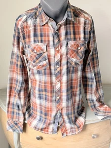 BKE Men M shirt athletic fit Brown Plaid Pearl Snap Western Cowboy cotton - Picture 1 of 11