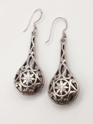 Orecchini donna lobo pendenti argento 925 Artigianale Traforato Floreale Goccia - Immagine 1 di 4