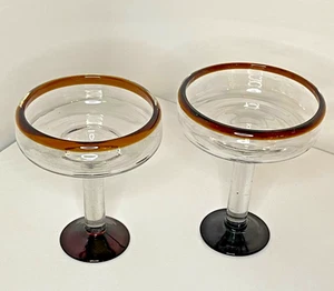 Mexican Margarita Glasses Set of 2 Hand Blown Brown/Amber Rim - Picture 1 of 7
