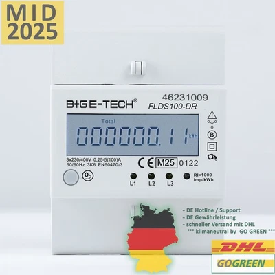 B+G E-TECH Drehstromzähler MID geeicht für Hutschiene Tageszähler Lastanzeige 100A 400V S0