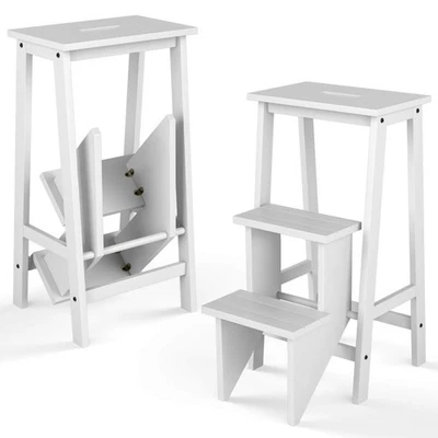 Costway 3 Tier Folding Step Stool 3-in-1 Rubber Wood Ladder Storage Shelf White - Image 1 of 4