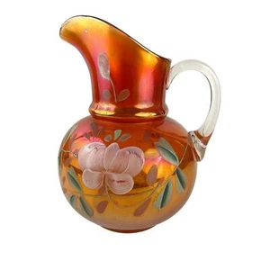 VTG Carnival Glass Orange Iridescent Pitcher Glass Blown Hand Painted 10" Floral - Picture 1 of 22