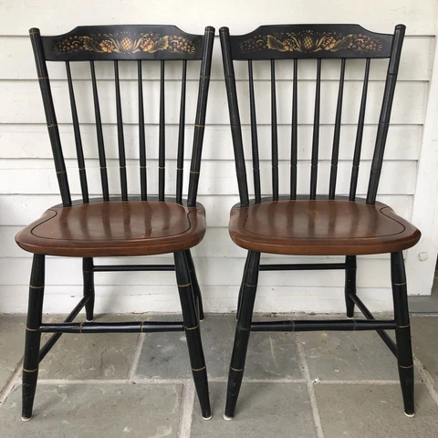 L.Hitchcock-2 SIGNED STENCILED BLACK SPINDLE BACK CHAIRS-Fine- Will Ship-B Cover