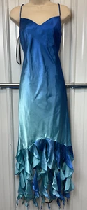 Y2K Mermaid Ombre Blue Satin Dress Ruffle Hem Fairycore Slip Spaghetti Strap - Picture 1 of 17