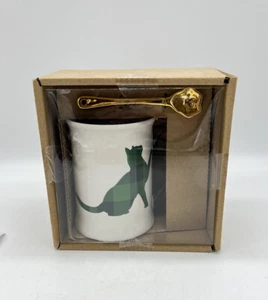 Ashland Kitty Katze kariert grün und weiß Kaffeebecher mit goldener Pfote Löffel - Bild 1 von 3