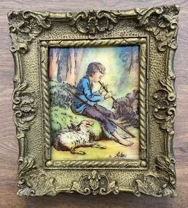 Flauta tocando vintage Antini niño pastor con arte de ovejas decoración de pared enmarcada T7 - Imagen 1 de 12