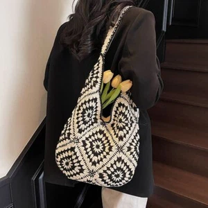 Handmade Crochet Weave Knitted Bag Retro Hollow Out Tote Bag Shoulder Bag - Picture 1 of 13