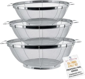 3 Piece Colander Set-Stainless Steel Wired Mesh Strainer Baskets with Wide Handl - Picture 1 of 3