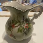 norcrest japan handpainted pitcher holly/berries 6.5”height 5” Wide