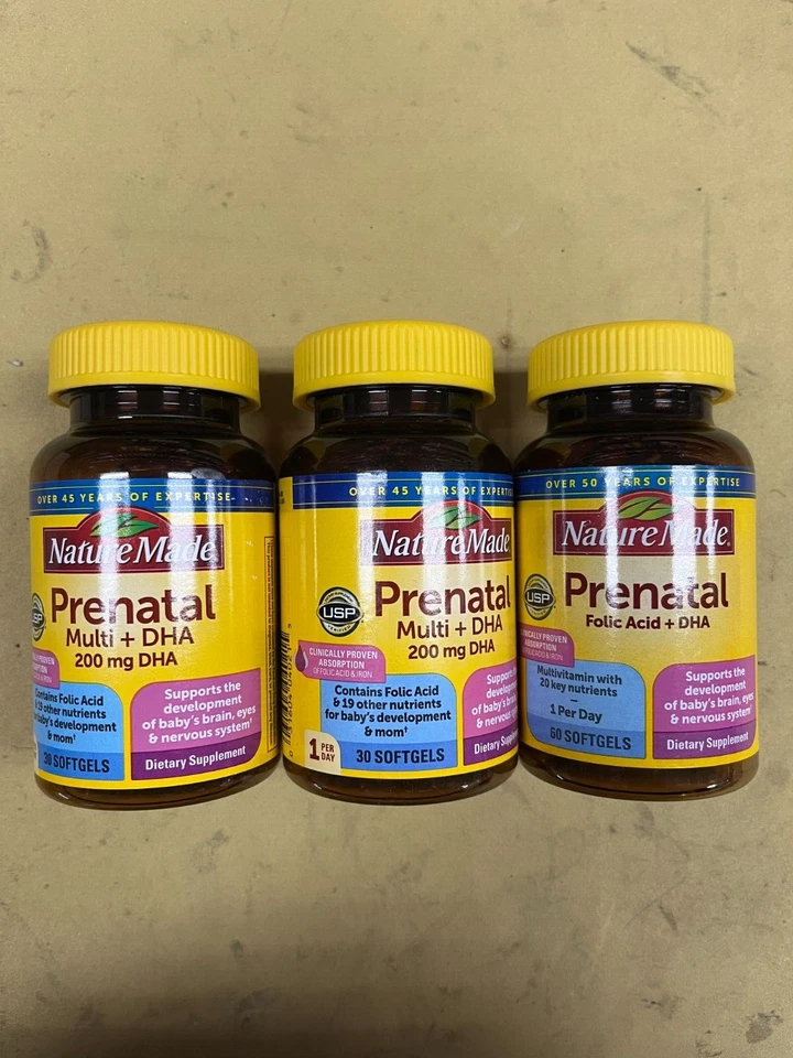 3 nuevos multivitamínicos diarios prenatales hechos en la naturaleza + 200 mg de DHA - 30 cápsulas blandas cada uno Foto 1 de 1