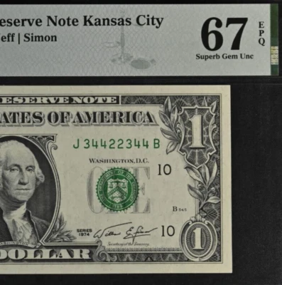1974 $1 Federal Reserve Note PMG 67EPQ Superb Gem Bookend Serial Number 34422344 - Image 1 of 3
