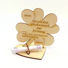 Zur Firmung, Geldgeschenk Geldscheinhalter Holz 11 cm Kleeblatt Kirchlich