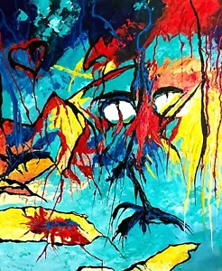 ORIGINAL COLORFUL ABSTRACT ACRYLIC PAINTING, GALLERY WRAP 20X24 CANVAS, SIGN COA - Picture 1 of 2