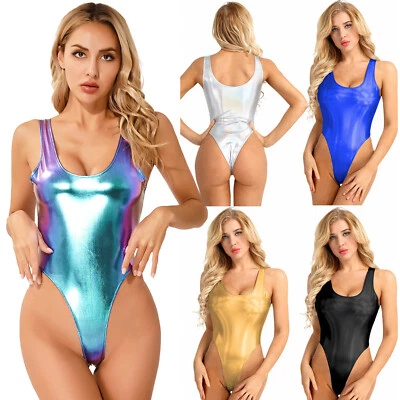 Frauen Bikini Wetlook High Cut Thong String Body Badeanzug Figurformend Dessous - Bild 1 von 4