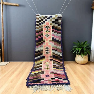 Colorful Moroccan Runner Rug - Pink Blue Handmade Wool Shag - Boho Tribal Decor - Picture 1 of 11