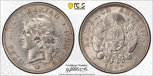 1882 ARGENTINIEN REPUBLIK SILBER PATACON PESO KM-29 PCGS ÜBER UNC DETAILS - Bild 1 von 2