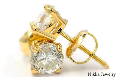 1.3 CTW Natural Round cut Diamond 14K Yellow Gold Stud Earring Screw Back - Image 1 of 4