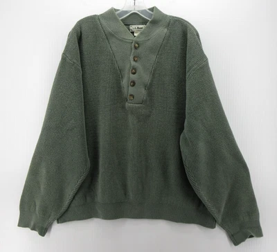 VINTAGE LL Bean Sweater Men Large Green Henley Shawl Chunky Heavy Thick 90s USA - Image 1 of 4