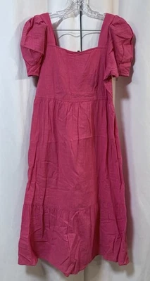 Vero Moda Dress Size L Pink Puff Sleeve Square Neck Midi 100% Organic Cotton - Image 1 of 4