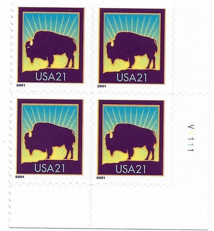 2001 Scotts #3468 Buffalo/Bison  21c Plate Block 4 Stamps MNH OG - Image 1 of 1