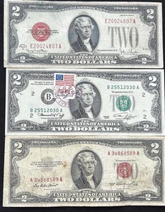 1928-G & 1953 Red Seal and 1976 First Day Issue w/postage Stamp $2 Bills - Picture 1 of 2