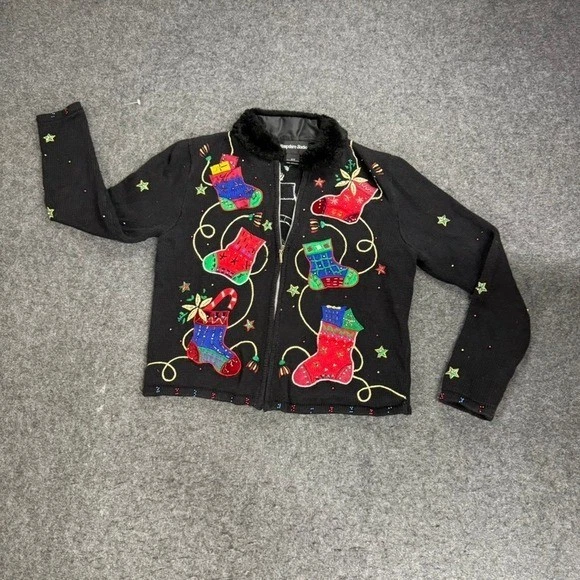 Hampshire Studio Black Christmas Zip Up Fur Collar Cardigan Sweater Women P/S - Image 1 of 4