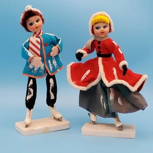 Vintage Japan Ice Skater Figures Dolls Felt Wire Posable Stands Christmas 8.5in - Picture 1 of 20