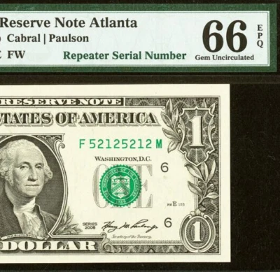 2006 $1 Federal Reserve Note PMG Gem 66EPQ - Repeater Serial Number 52125212 - Image 1 of 3