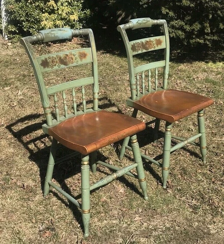 Vintage Pair of Hitchcock Blue/Green Farmhouse Stenciled Chairs Signed c.1960 Cover