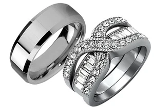 3 Pcs His & Her Stainless Steel Wedding Engagement Couple Matching Ring Band Set - Picture 1 of 9