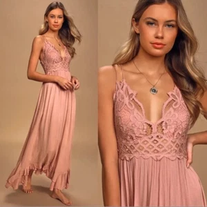 Free People Fp One Adella Maxi Dress Crochet Smocked Strap Sleeveless Rose XS - Picture 1 of 8